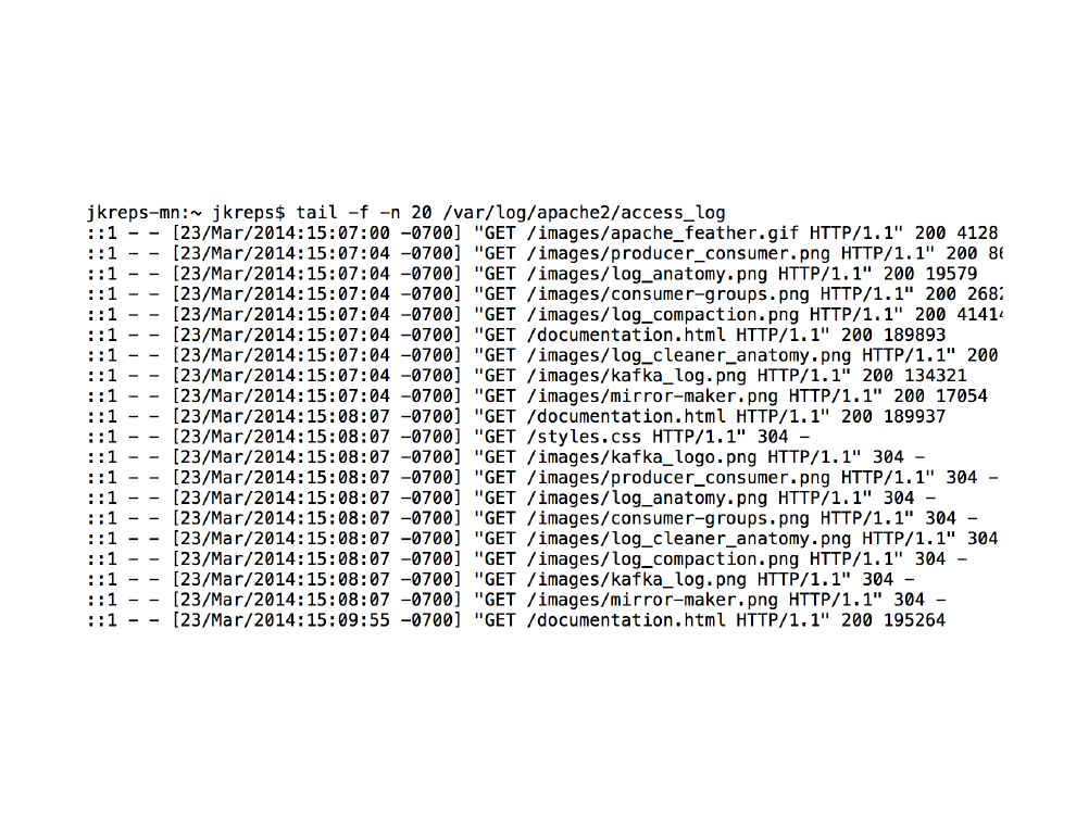 tail -f of an Apache access_log — a stream of time-ordered records
